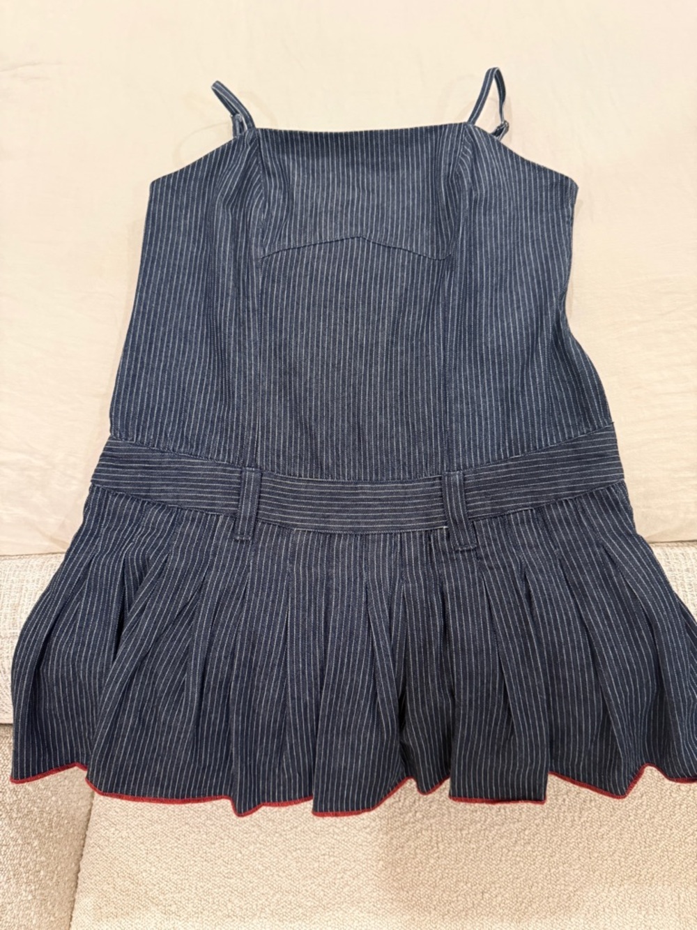 Pilcro Navy Pinstripe Denim Dress with Red Hem Accent